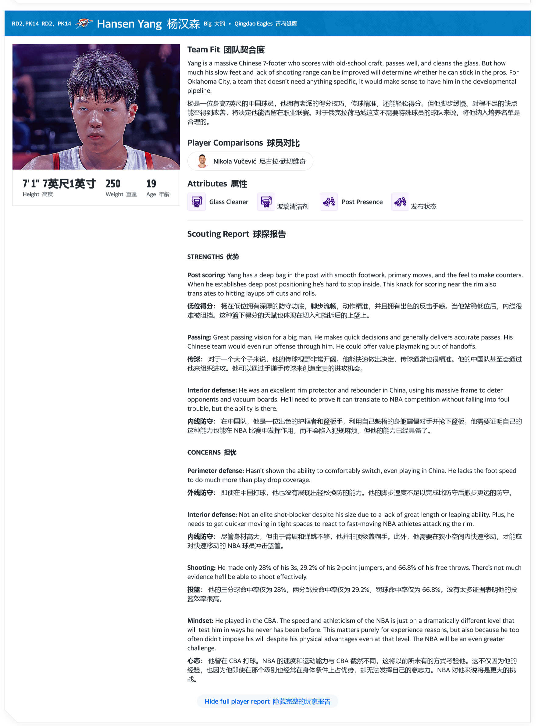 雅虎的选秀预测，杨瀚森在第44顺位被雷霆选中。NBA选秀抽签 ​​​