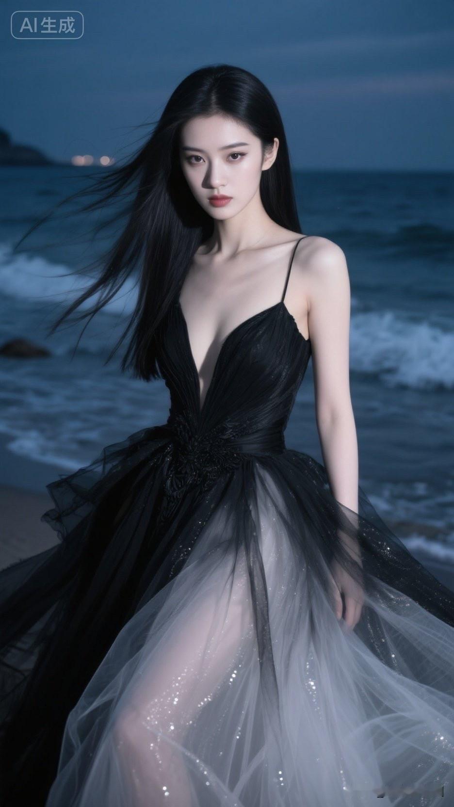 一位黑发美女在海边拍写真。