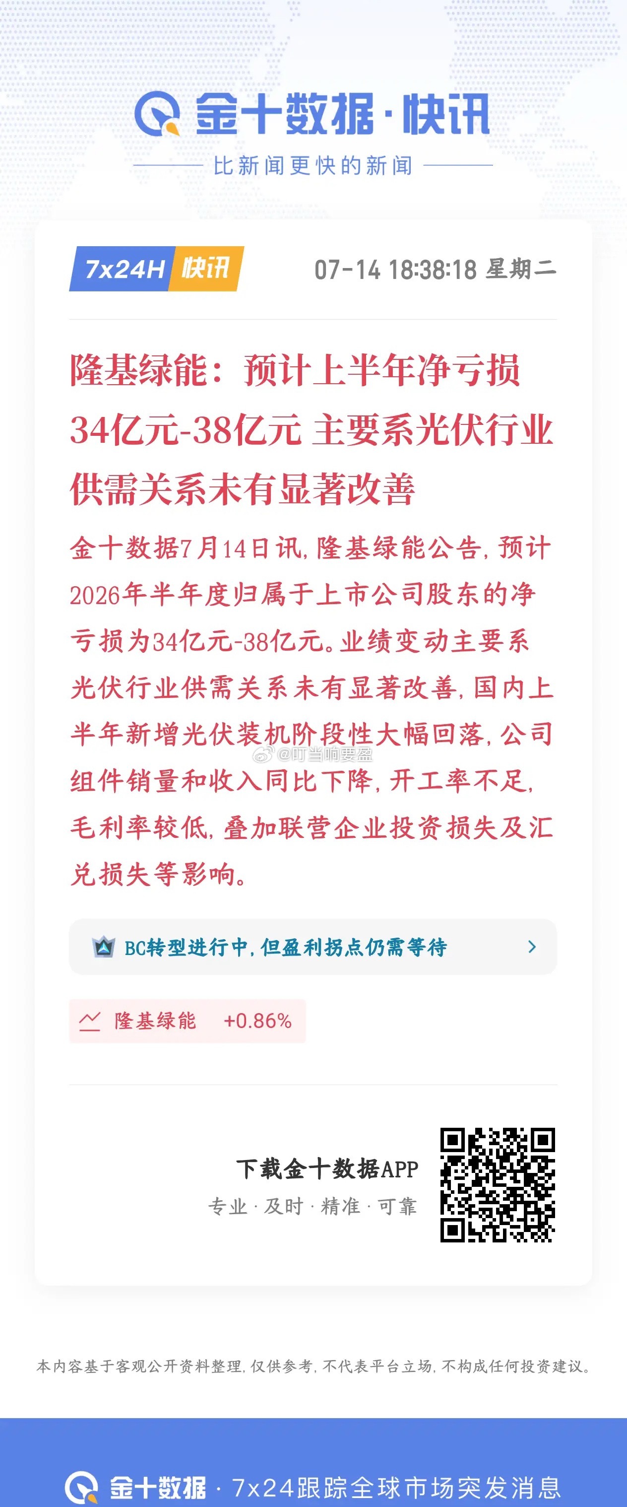 隆基业绩都是这样的亏损，光伏板块真的很难反转隆基预计2026上半年总共亏损34亿