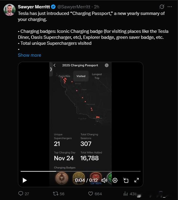 外网消息，特斯拉刚刚在美国推出了名为“充电护照”的页面，可记录展示和回顾你爱车的