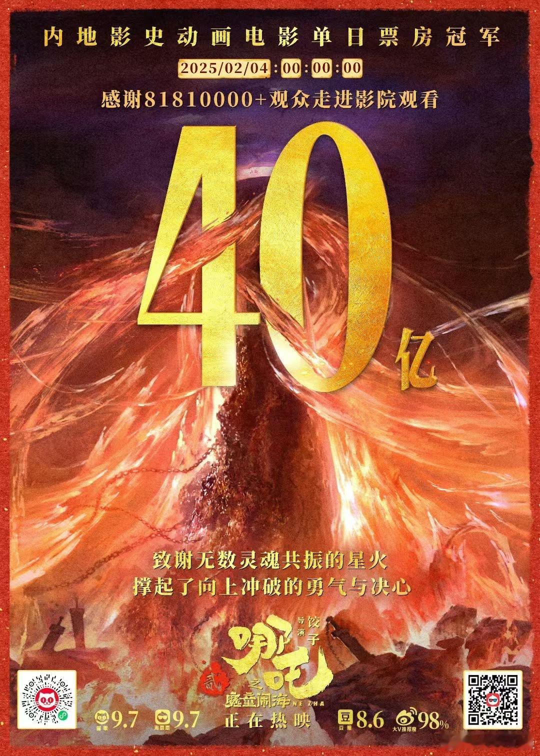 电影哪吒之魔童闹海 ，票房破40亿！小哪吒，顶呱呱🎉 