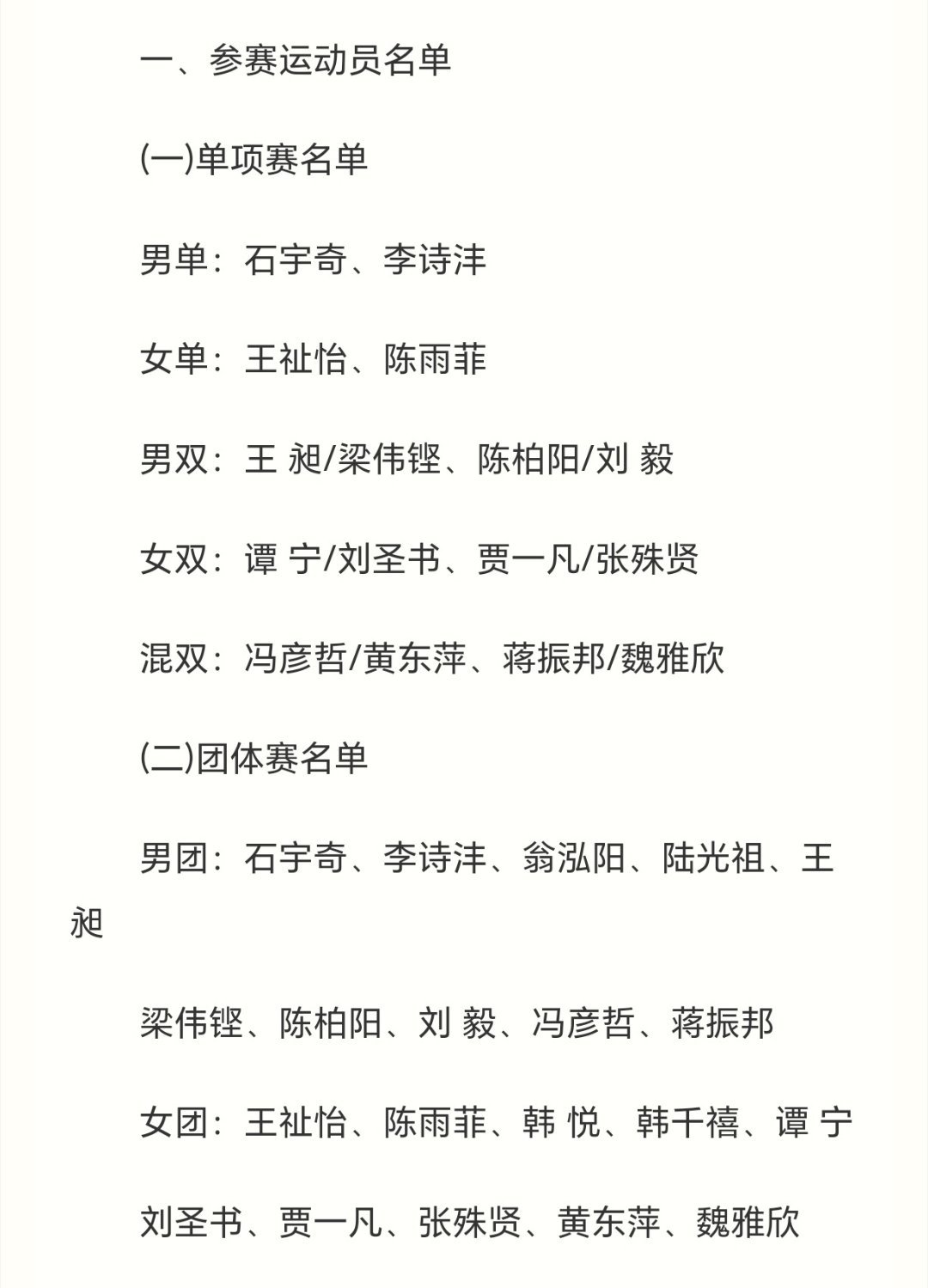 2026年名古屋亚运会，国羽名单。 男单：石宇奇、李诗沣女单：王祉怡、陈雨菲男双