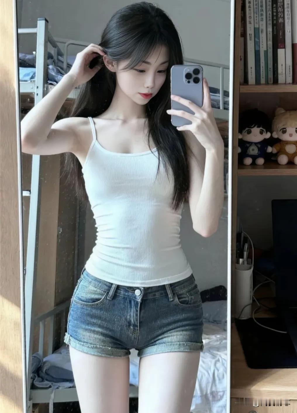 清新穿搭指南：清爽白色背心+牛仔短裤，元气满满！皮肤白皙好身材 清新穿搭