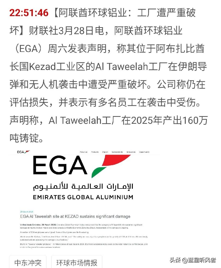 突发！阿联酋铝厂被炸，A股铝业要起飞？
 
刚出大消息！阿联酋环球铝业（EGA）
