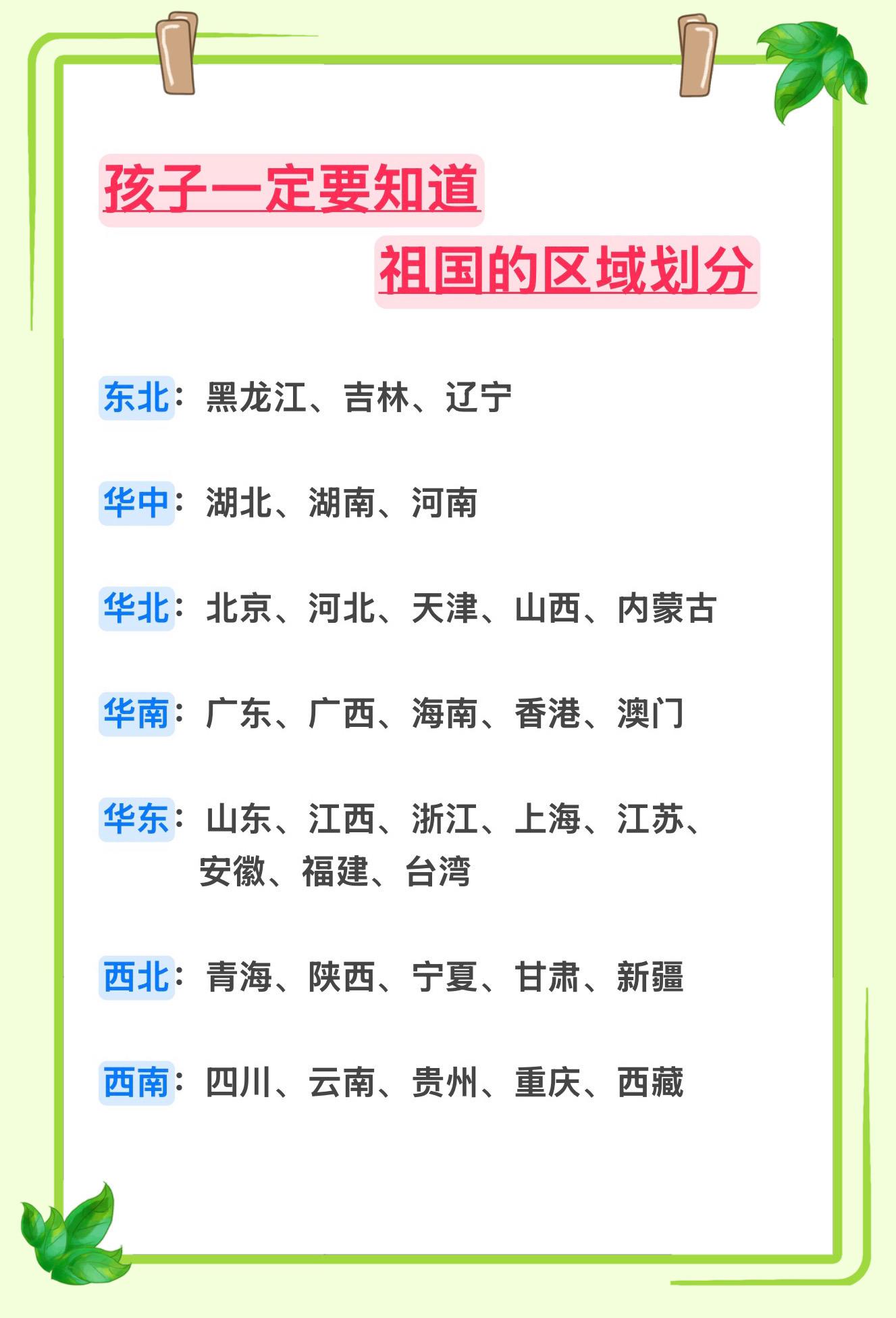 孩子一定要知道的祖国区域划分，先给孩子收藏吧～
