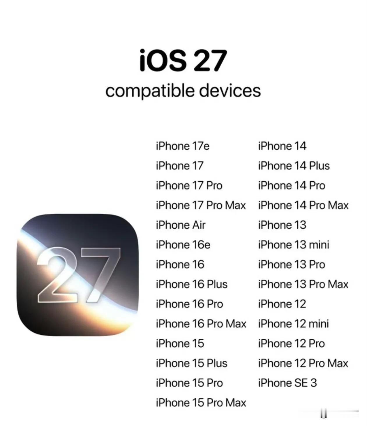 应该是这样了，支持升级iOS27的机型名单，iPhone 11系列不会提供支持