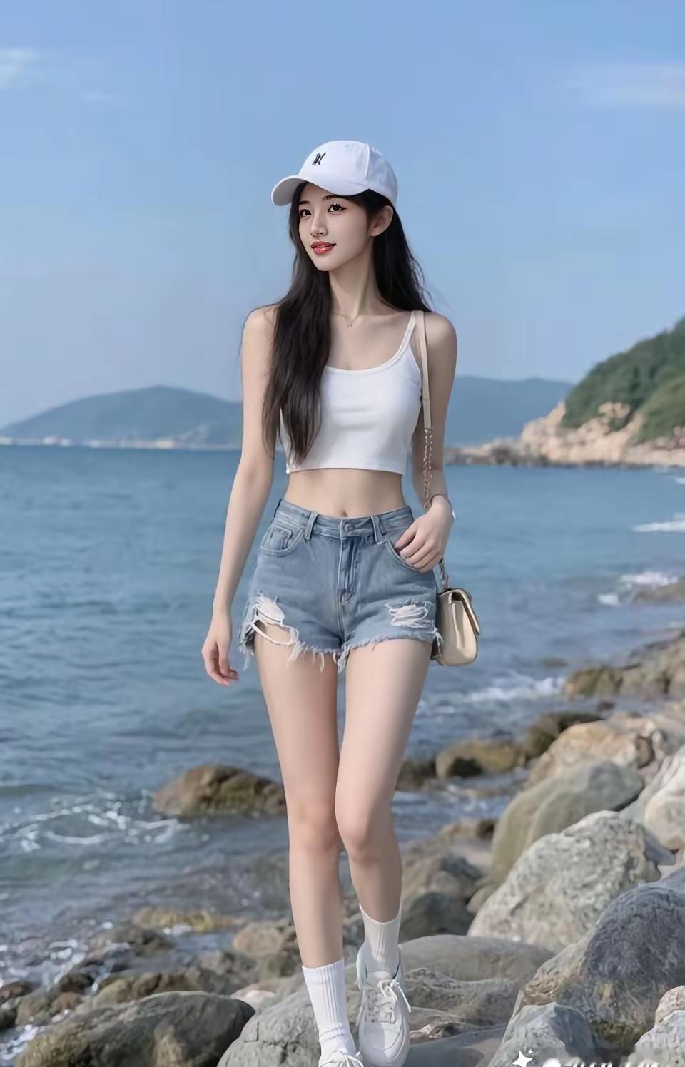 海边漫步，青春洋溢，白色穿搭，元气满满！🌊👗👒