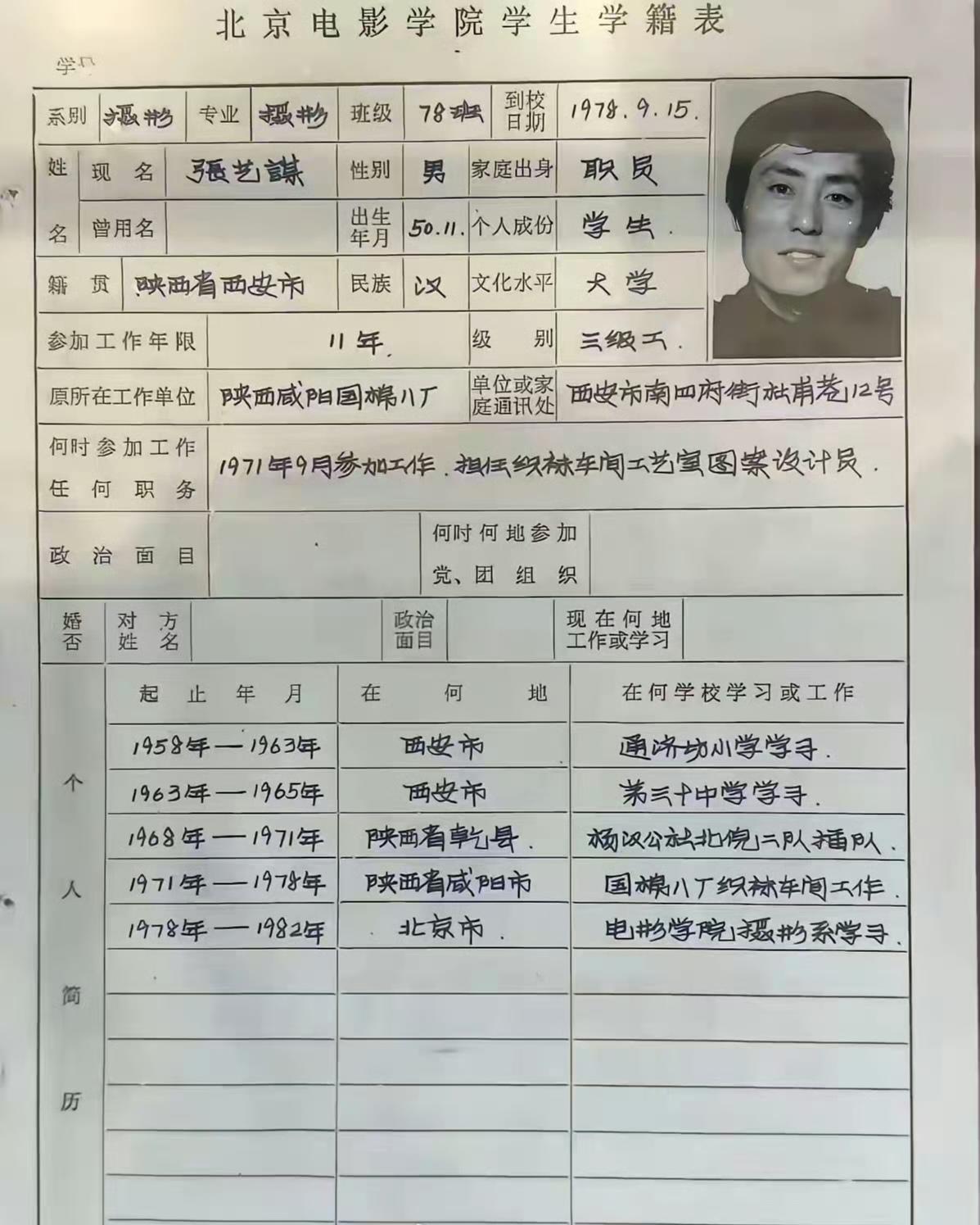 字如其人，张艺谋北京电影学院学籍表。从表中你能读出许多信息，当过农民，当过工人，