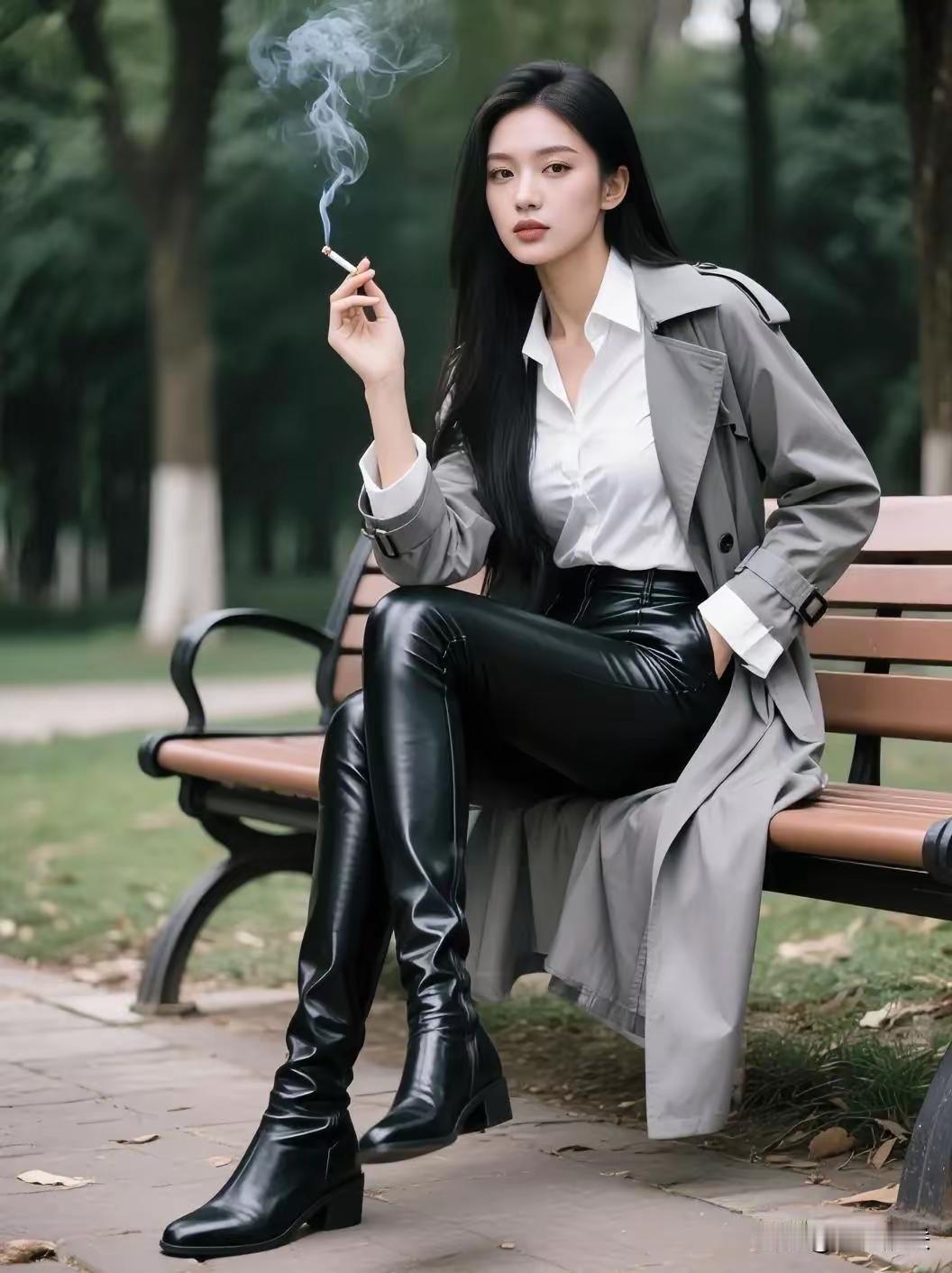 身份非一般，
皮裤长衫穿。
悠然椅上坐，
手中夹香烟。