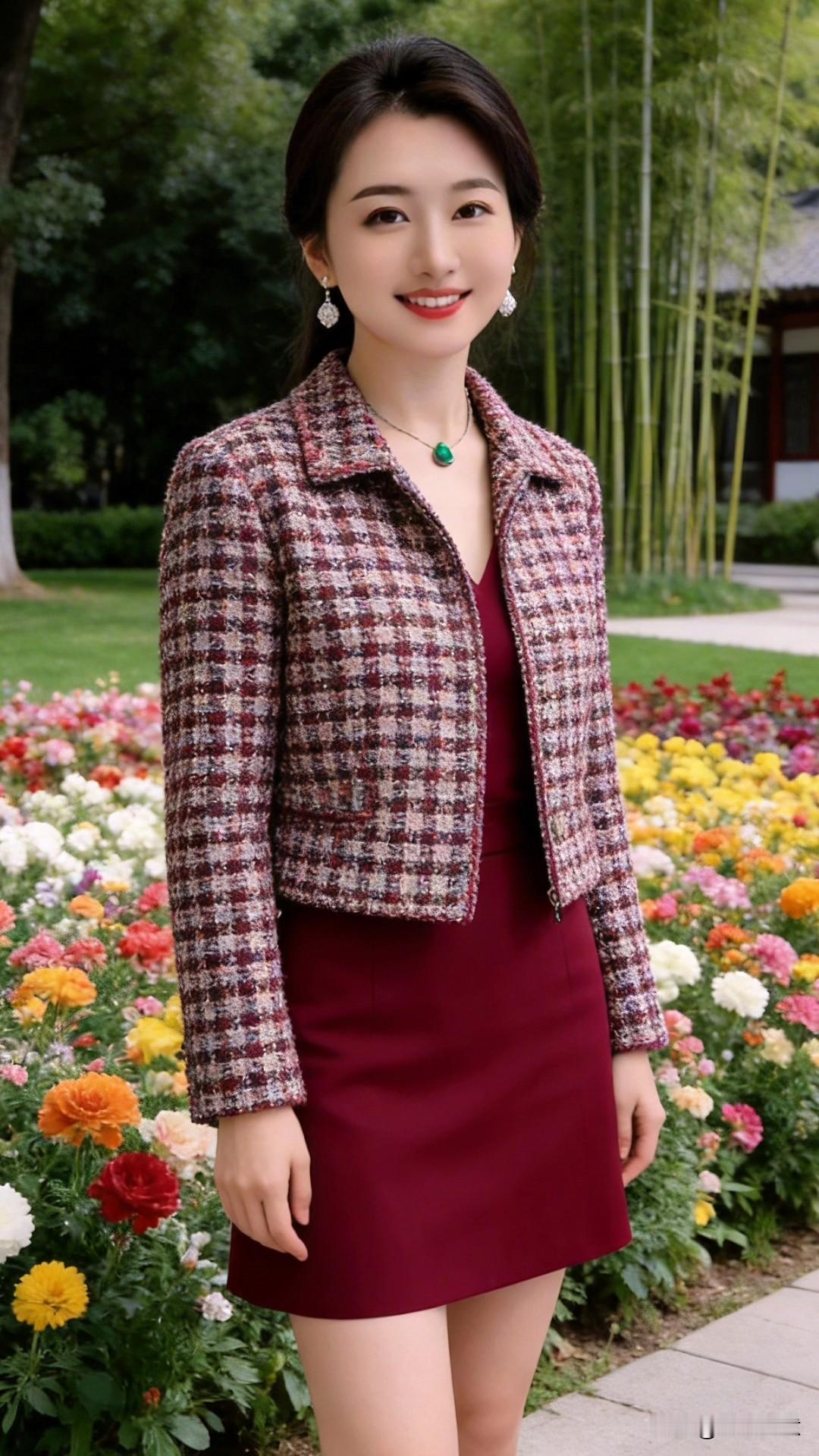 今天给大家推荐一款日常穿的衣服，酒红色吊带裙搭配格纹粗花呢短外套，真的是永不过时