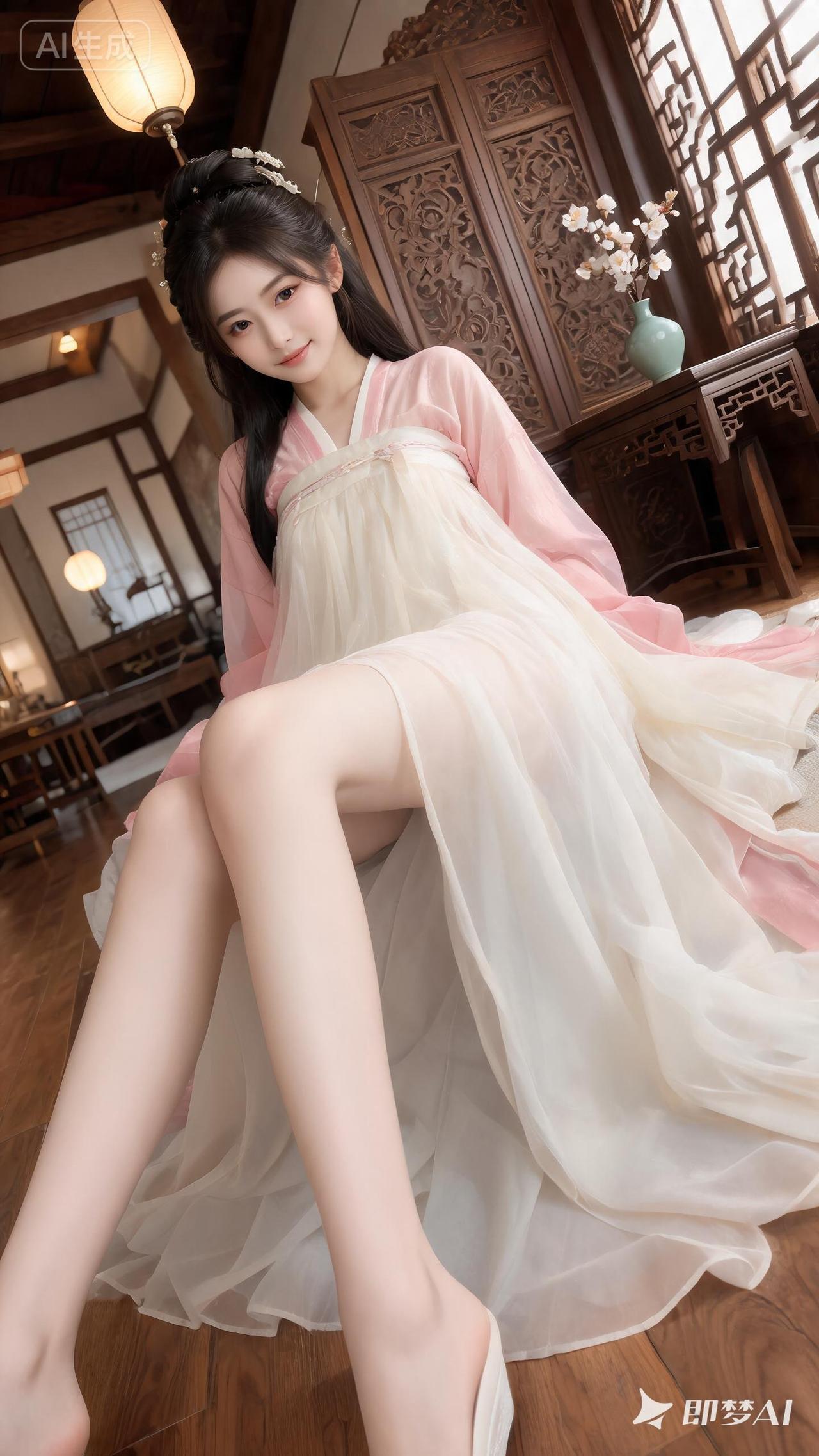 古风少女，粉白相间的汉服，优雅动人，宛如画中仙子。