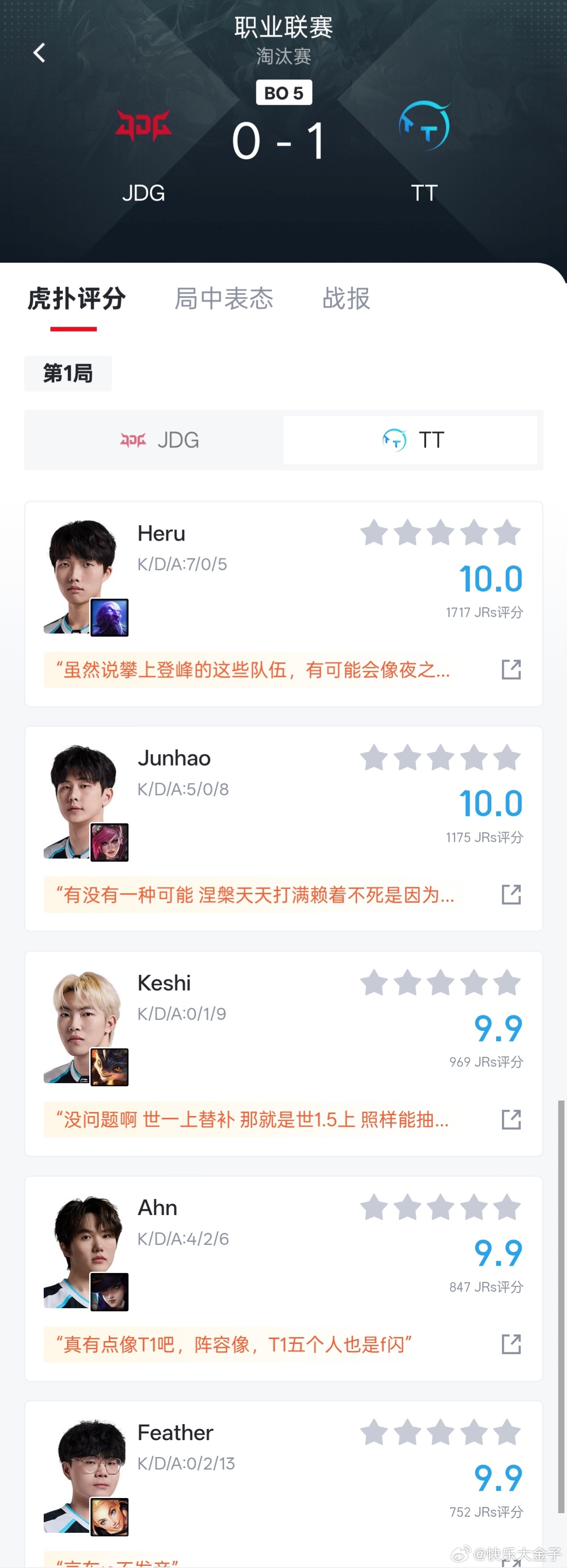 JDG对战TT第一盘，TT打得无可挑剔完成碾压，全员9.9-10分现在觉得iG被