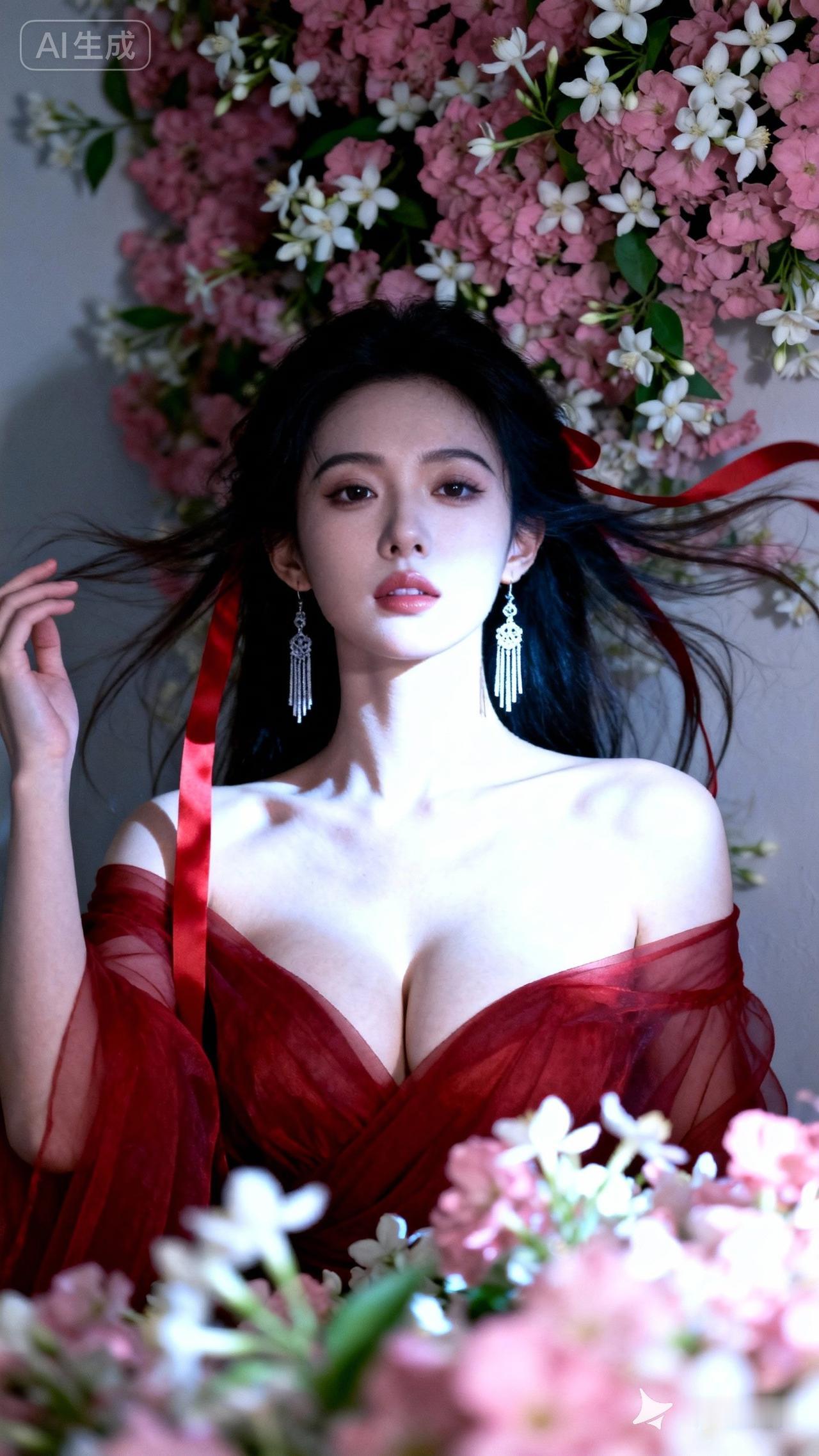 红衣美人倚花丛，玉颜如花映月明。