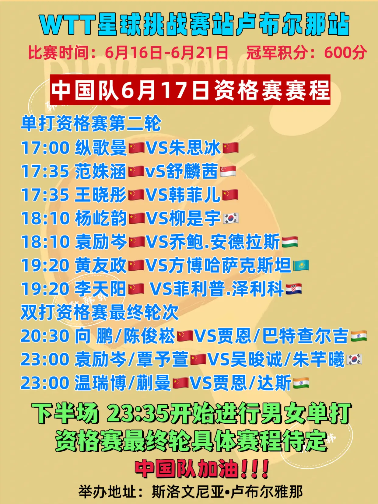 卢布尔雅那球星挑战赛。6月17日中国队赛程 方博将和黄友政进行比赛，拭...