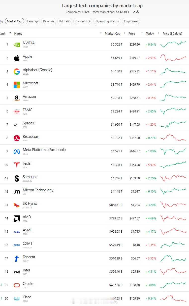 最新的全球最大的科技公司市值排行Top20。大家参考。英伟达，苹果，谷歌，微软，