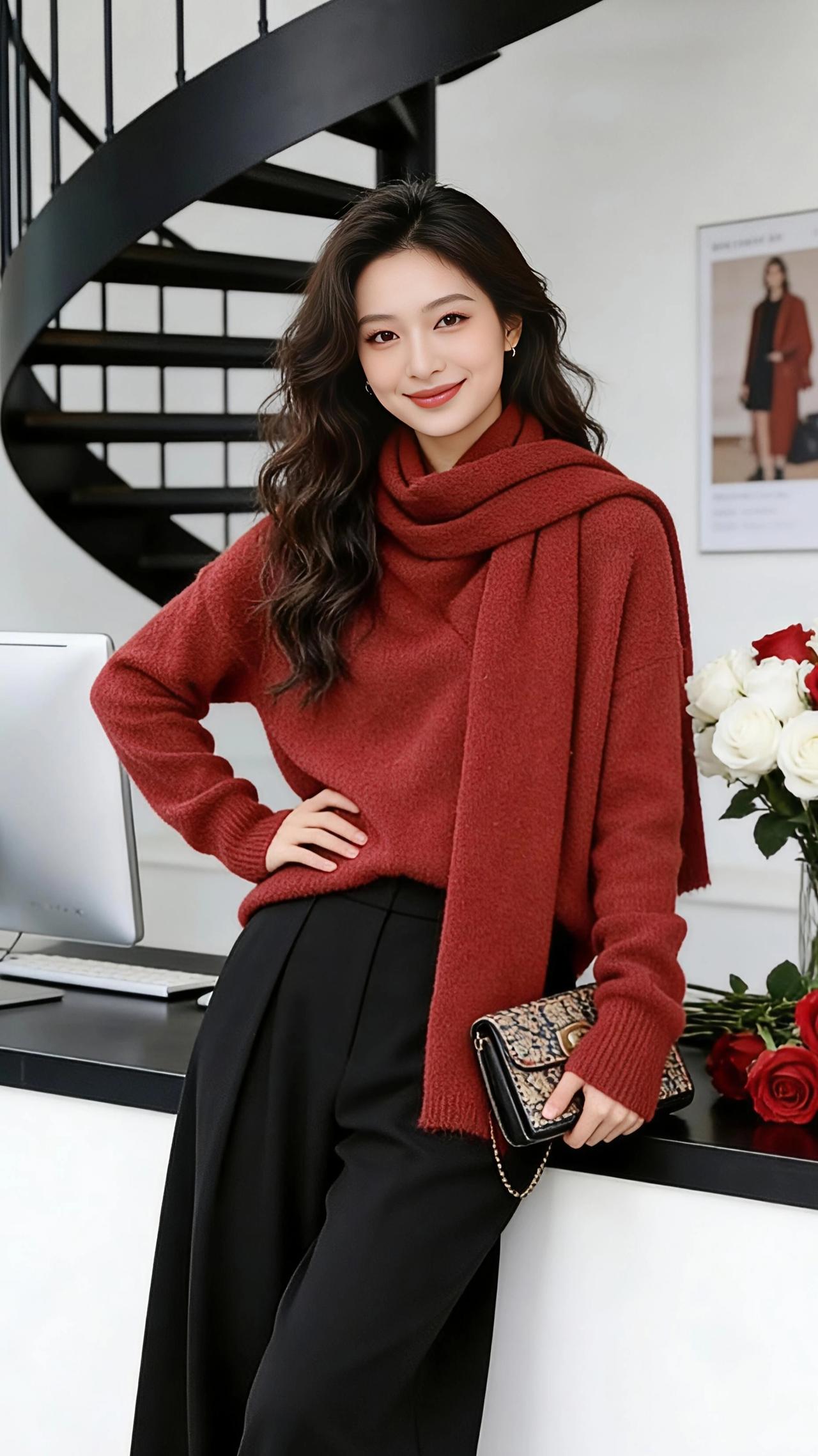 红与黑的温柔序章
 
砖红色的针织衫裹着初冬的暖意，松松绕颈的同色系围巾，像揉碎