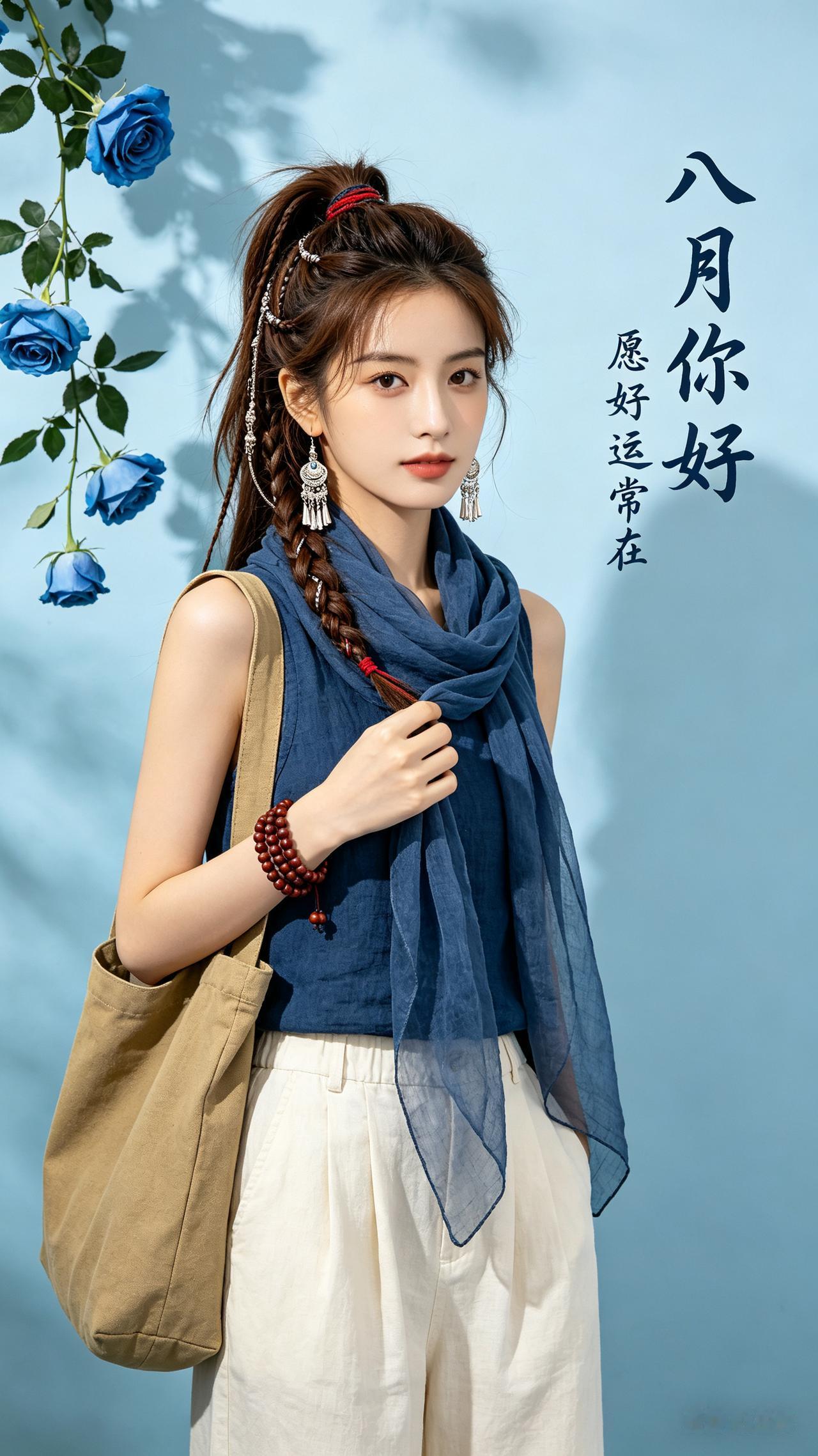 22岁少女高马尾藏式棕褐细脏辫缀银饰红绳，蓝棉麻背心配纱巾阔腿裤，立于浅蓝背景。
