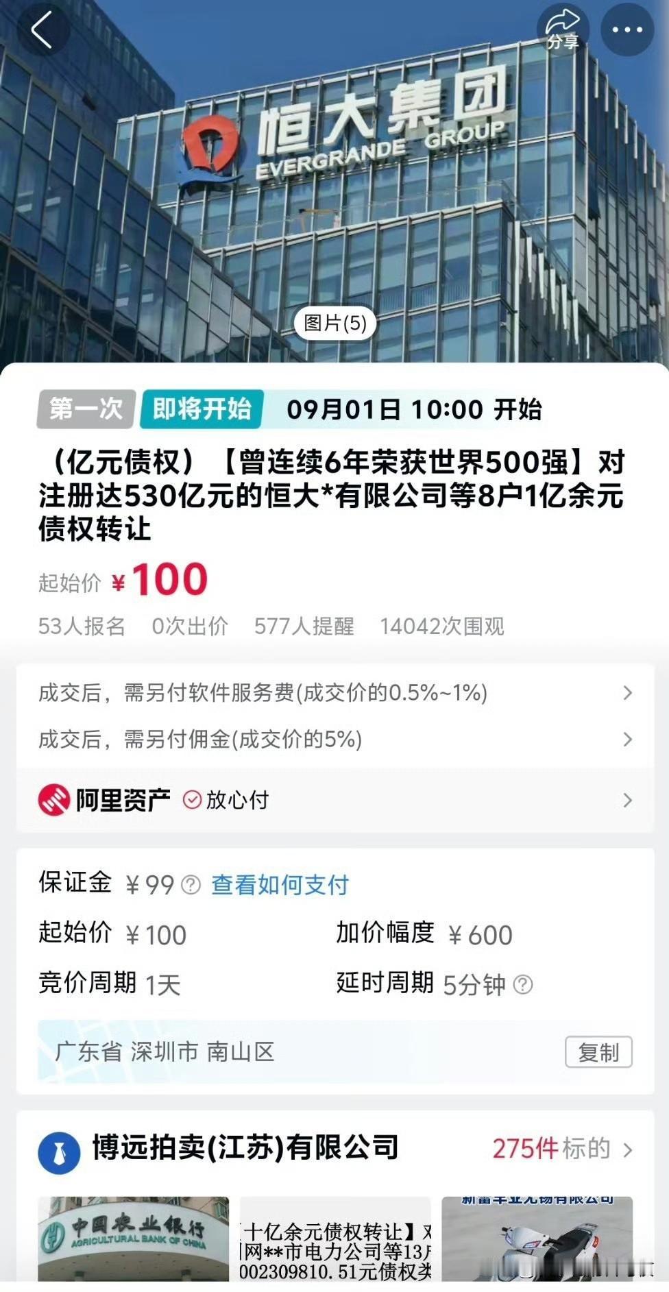 恒大集团的1亿多元债权，100元起拍，想发财的去试试[吐舌][吐舌] ​​​？