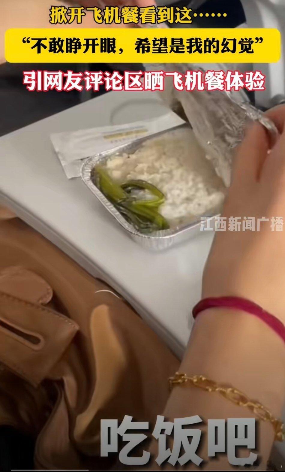 女子吐槽飞机餐仅一根青菜配米饭一眼假，她预先知道里面只有一根青菜？然后手机先拍上