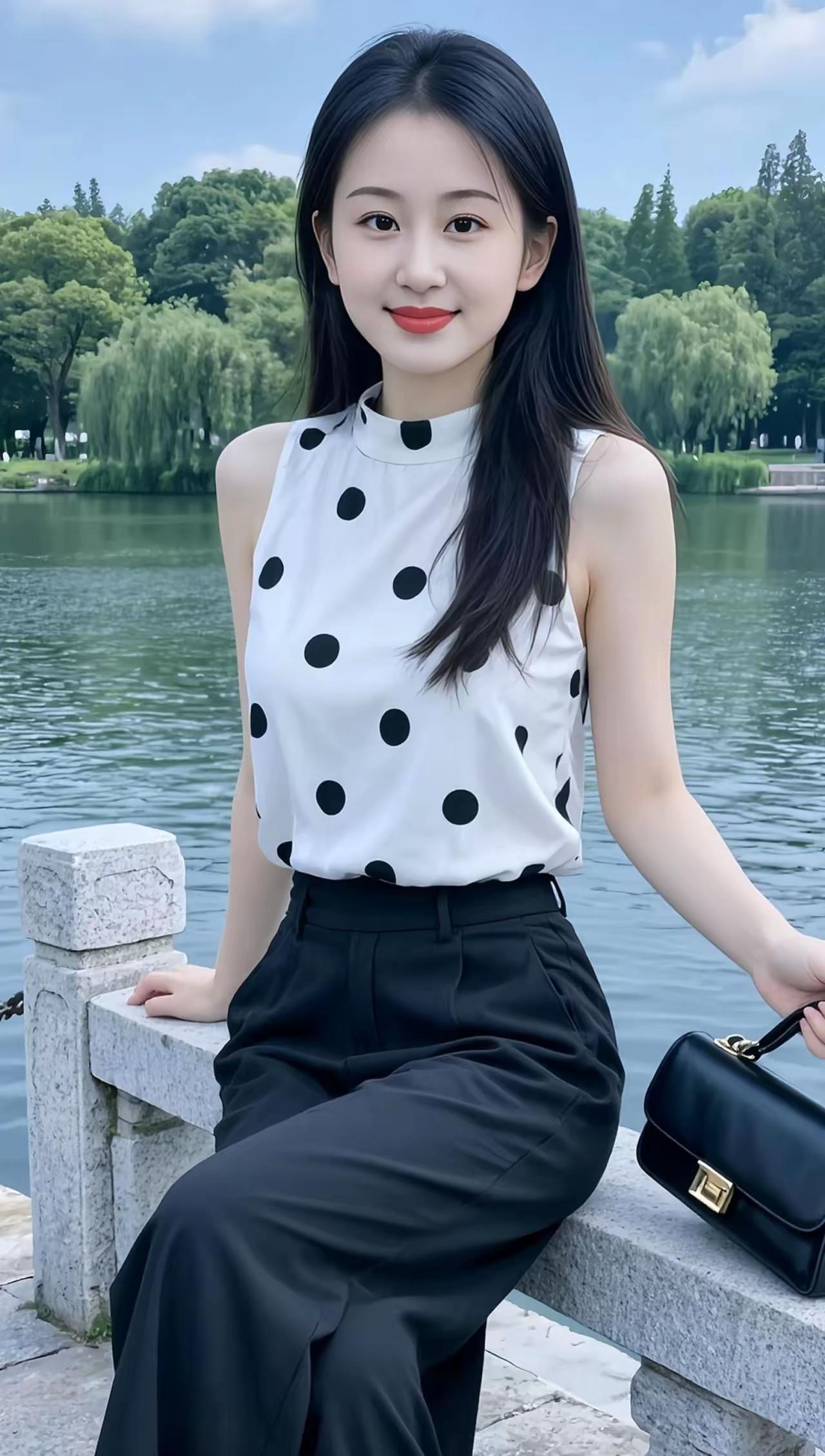 夏日清新穿搭，黑白波点上衣搭配黑色长裤，优雅自然。