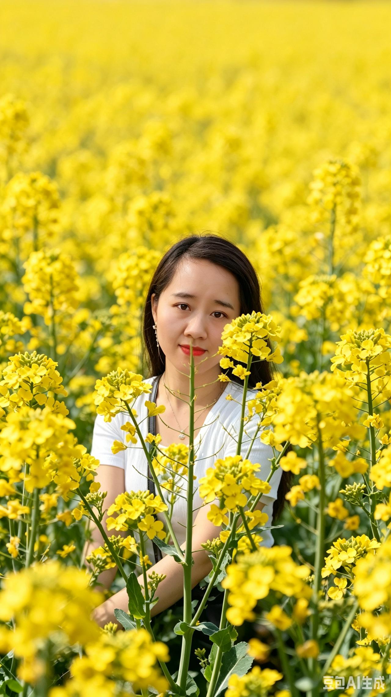 花海佳人
 
满目金英漾暖风，
伊人浅笑立芳丛。
春光漫染眉间韵，
一身清柔入画