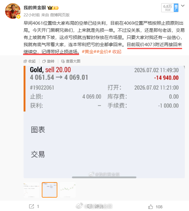 总结：7月2日微博共做三四单，三胜一负。总盈：950点。 4061空单4069离