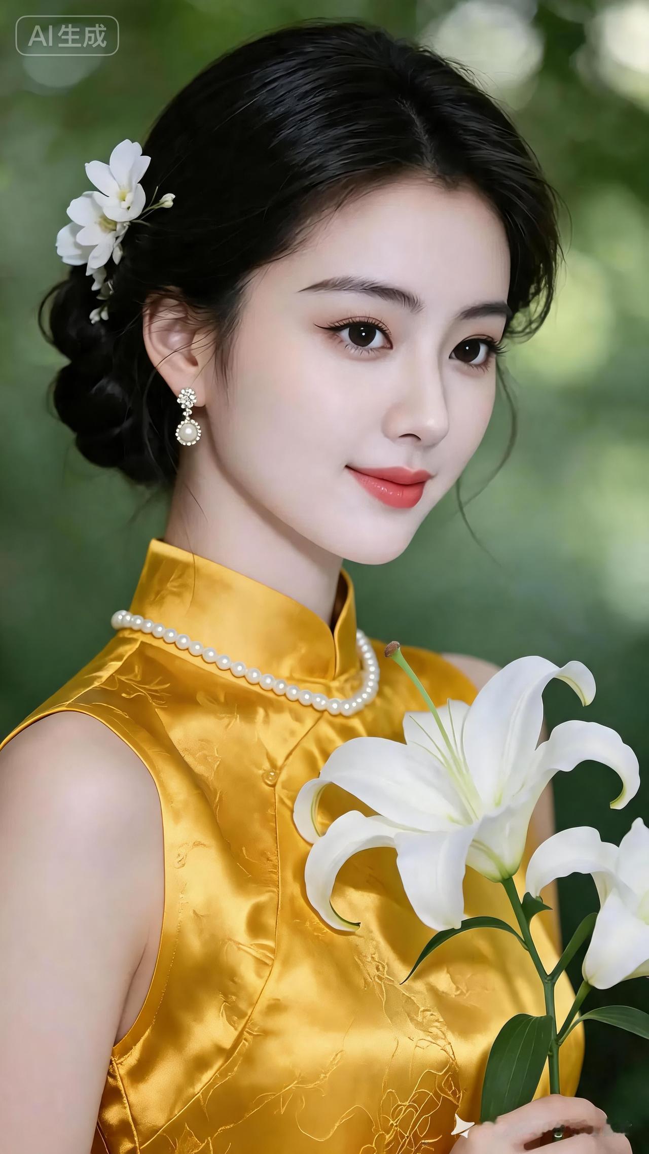这位美女穿着金色旗袍，手捧白百合。