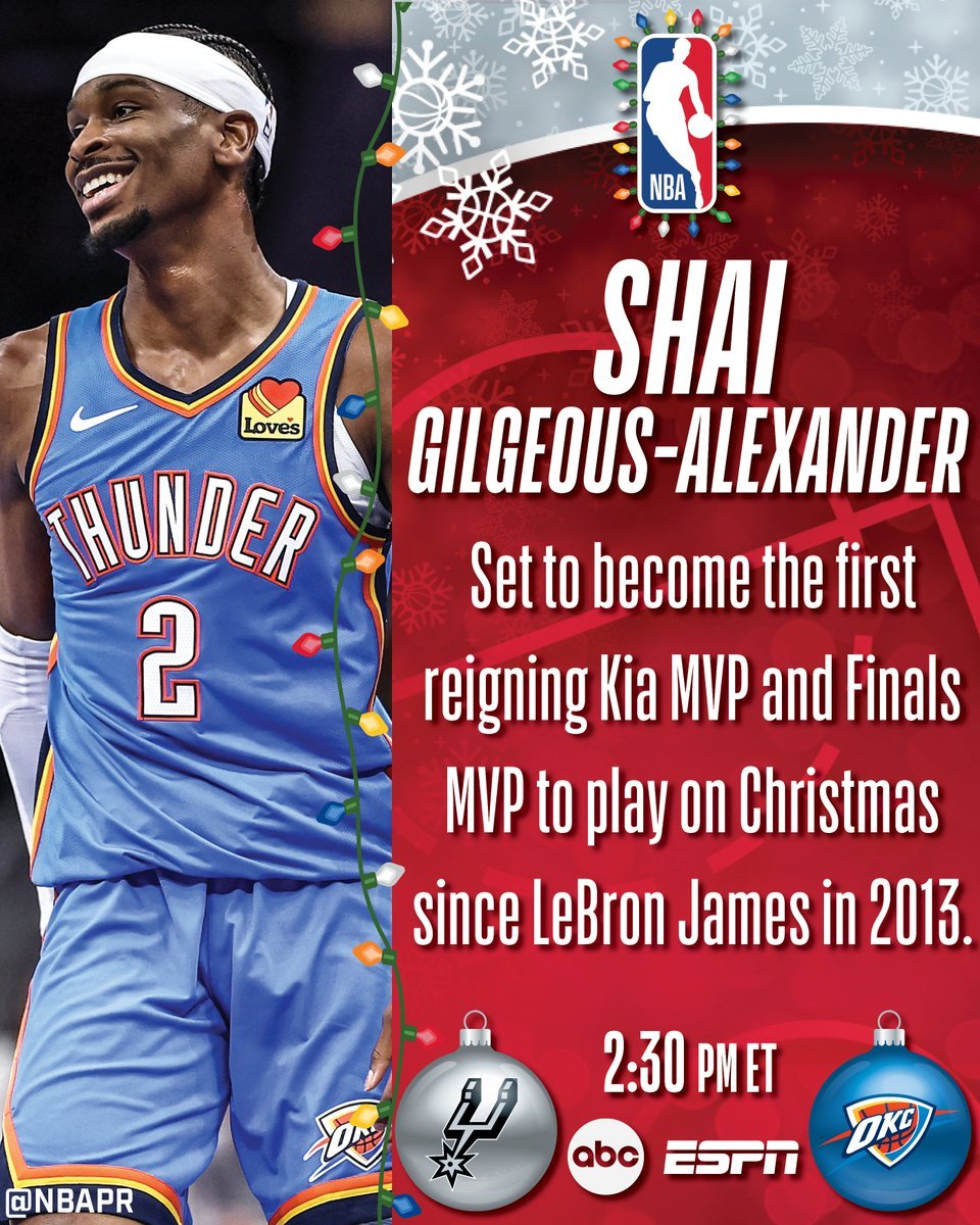 NBA官方：亚历山大成为2013年的詹姆斯以后第一位参加圣诞大战的上赛季双料MV