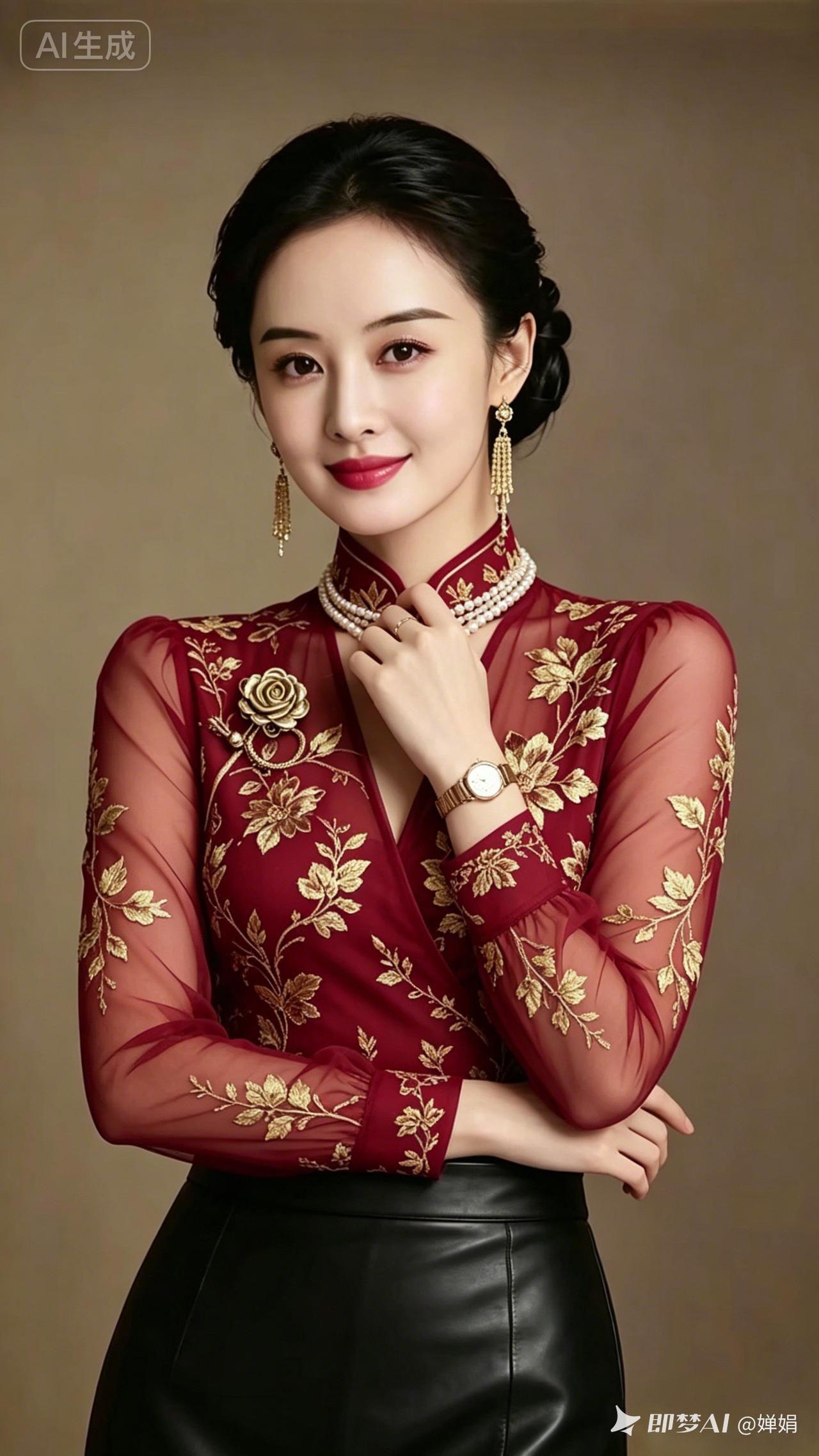 这位美女穿着红色礼服，好优雅！