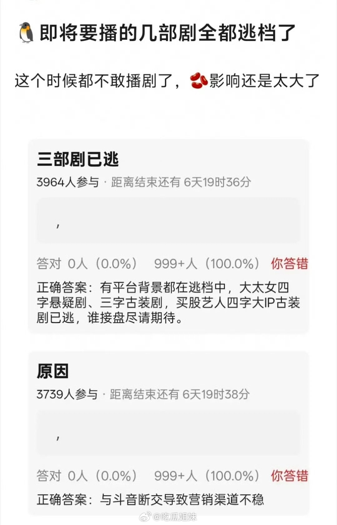 曝平台三部剧逃档 曝平台三部剧逃档，分别是四字悬疑剧、三字古装剧、四字大ip古装