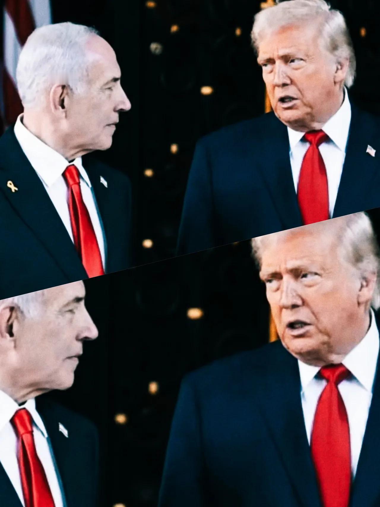 特朗普的眼神看起来是不是很特别啊？
特朗普和内塔尼亚胡在交流什么事情呢？
特朗普