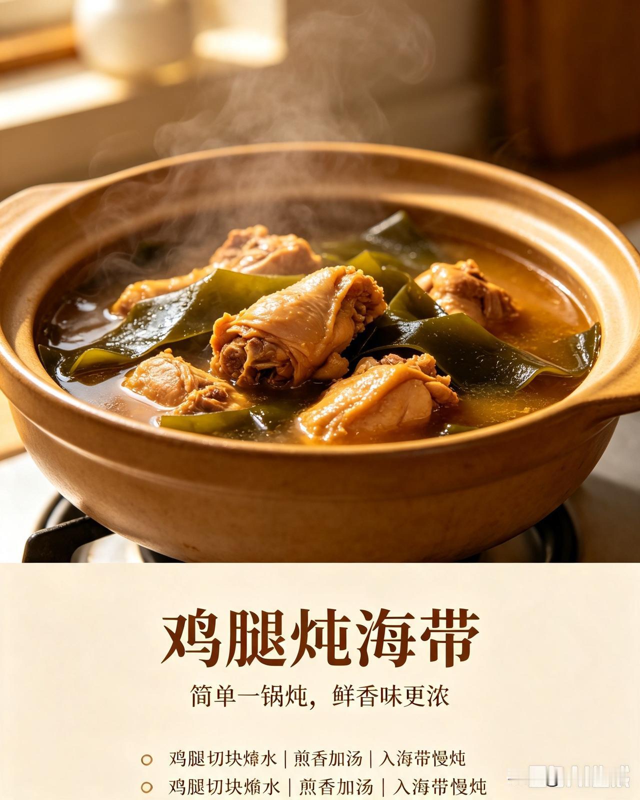 鸡腿切块焯水捞出；海带提前泡发洗净。锅中少油，放入鸡块煎至微黄，加葱姜、生抽、少