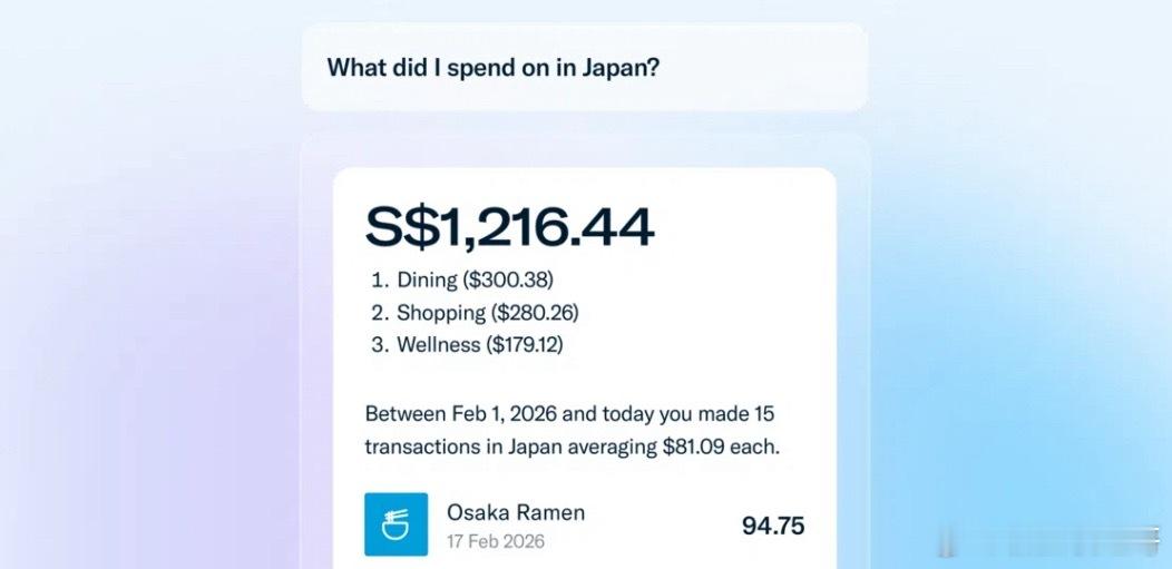 新加坡数码银行优信银行应用，9月10日推出人工智能询问功能，方便用户查询信用卡交