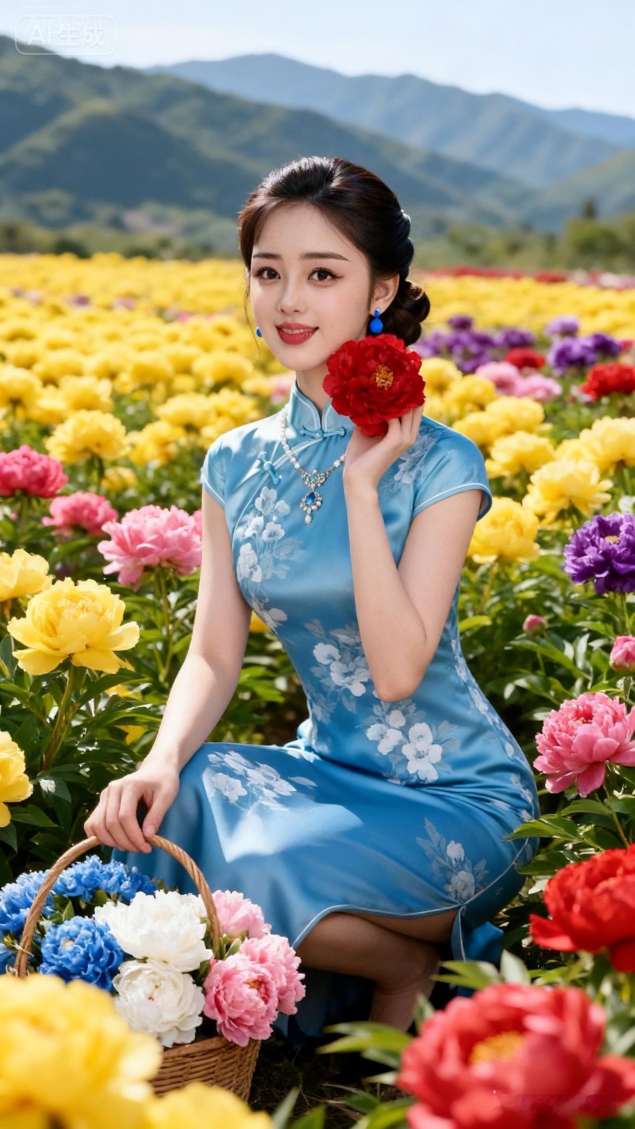 蓝衣少女与花海，美不胜收！🌸💙