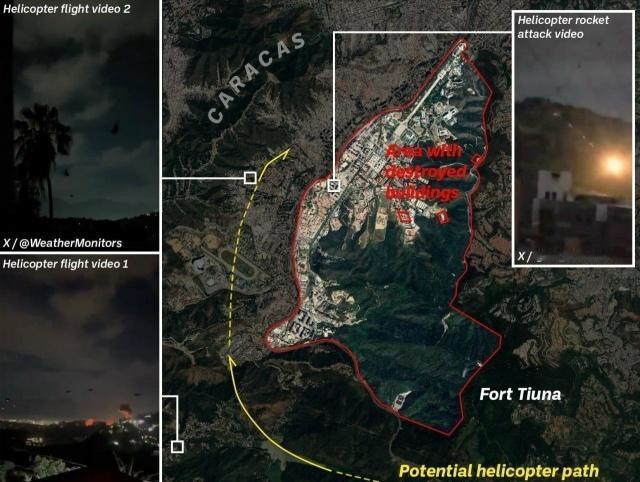 在对委内瑞拉首都加拉加斯目标的攻击中，美军直升机从山区和无人区以极低空进入，处于