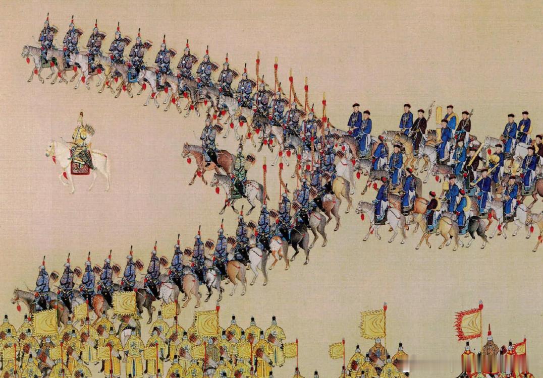 《乾隆大阅图-列阵》（局部），郎世宁绘，描绘了1739年乾隆于京郊南苑举行阅兵式