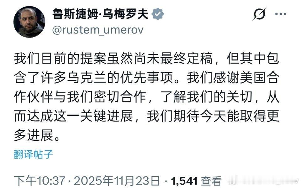乌克兰高级官员发文感谢美国：“我们目前的提案虽然尚未最终定稿，但其中包含了许多乌