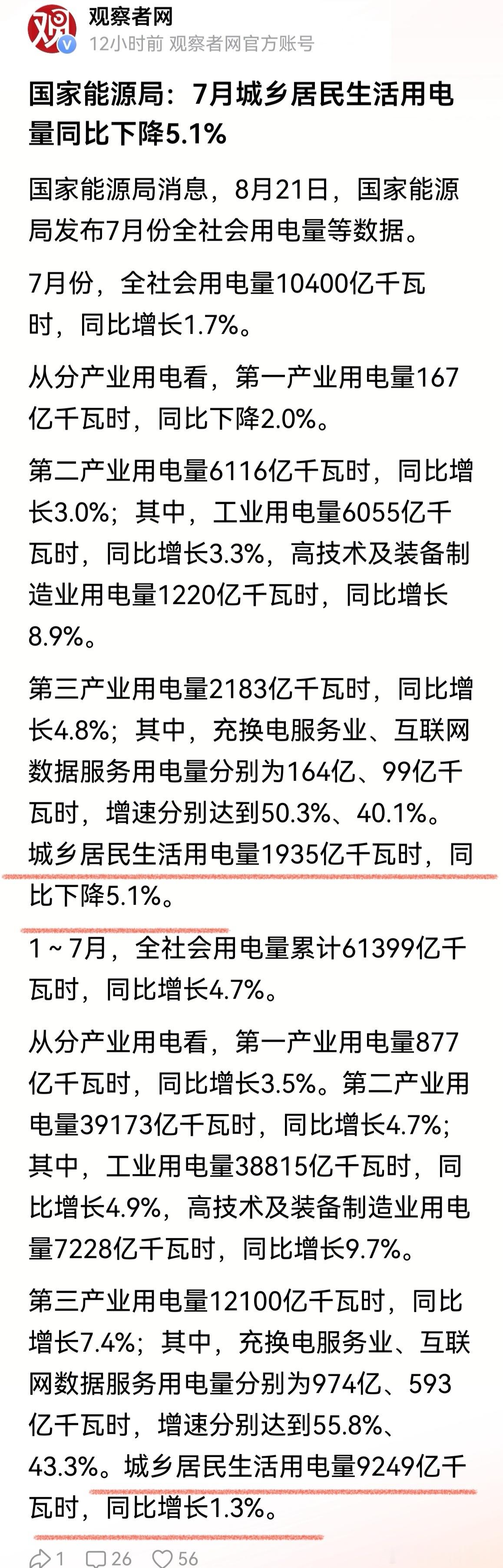 这次数据公布很详细了。城乡居民用电增长乏力。充换电总量不大，增长较快。 