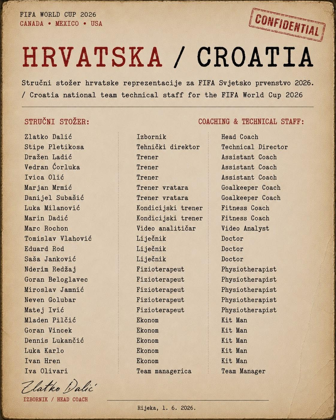 克罗地亚国家队官方公布美加墨世界杯26人大名单🇭🇷门将：利瓦科维奇（萨格勒布
