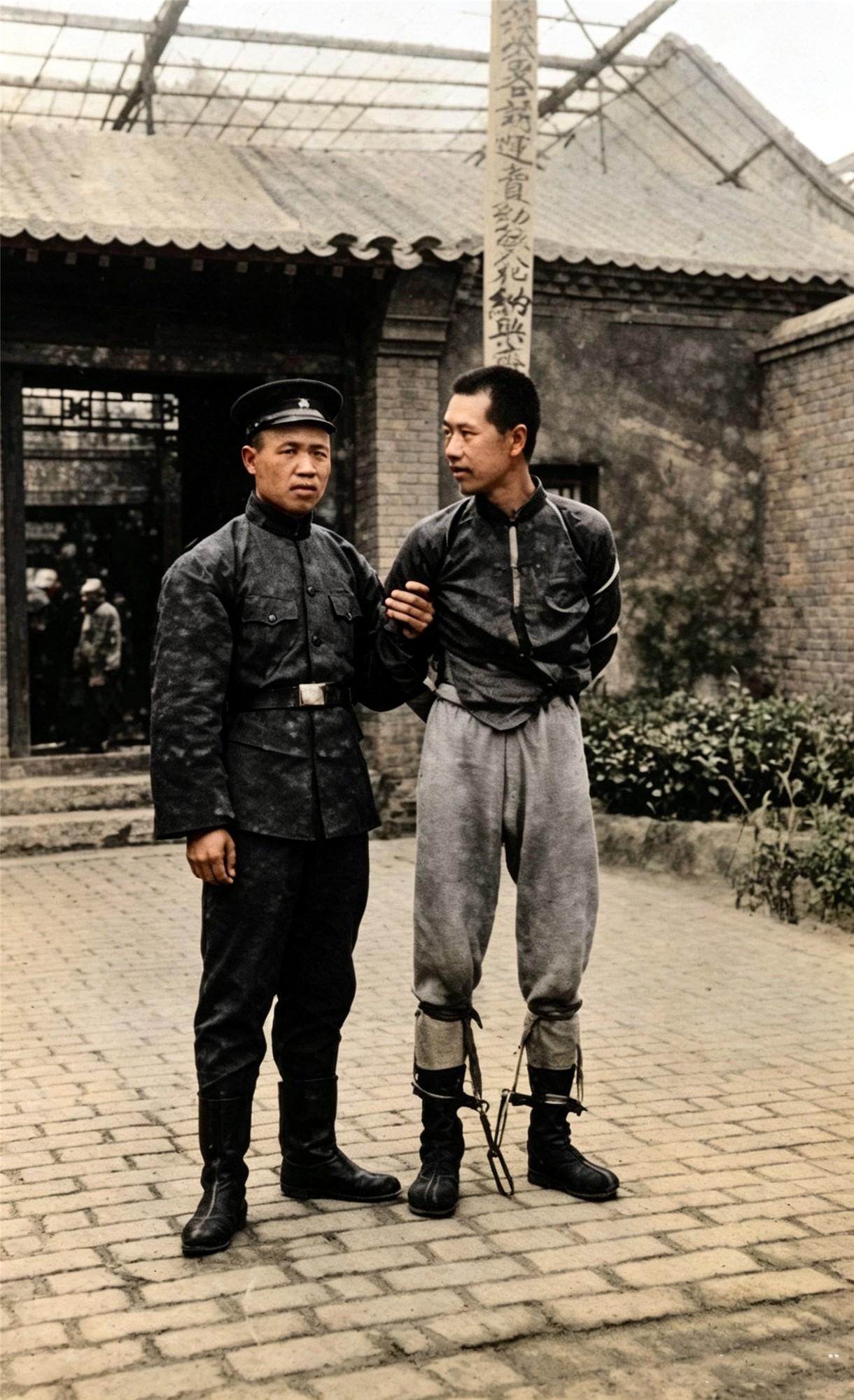 1920年代，海南琼山（今海口）县的监狱庭院里，一对男女临刑前的最后留影，两人皆