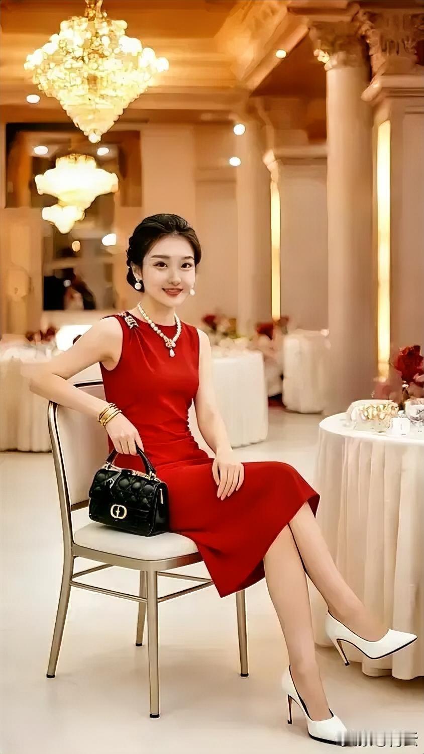 穿红裙子的美女在宴会厅坐着。气质红裙女