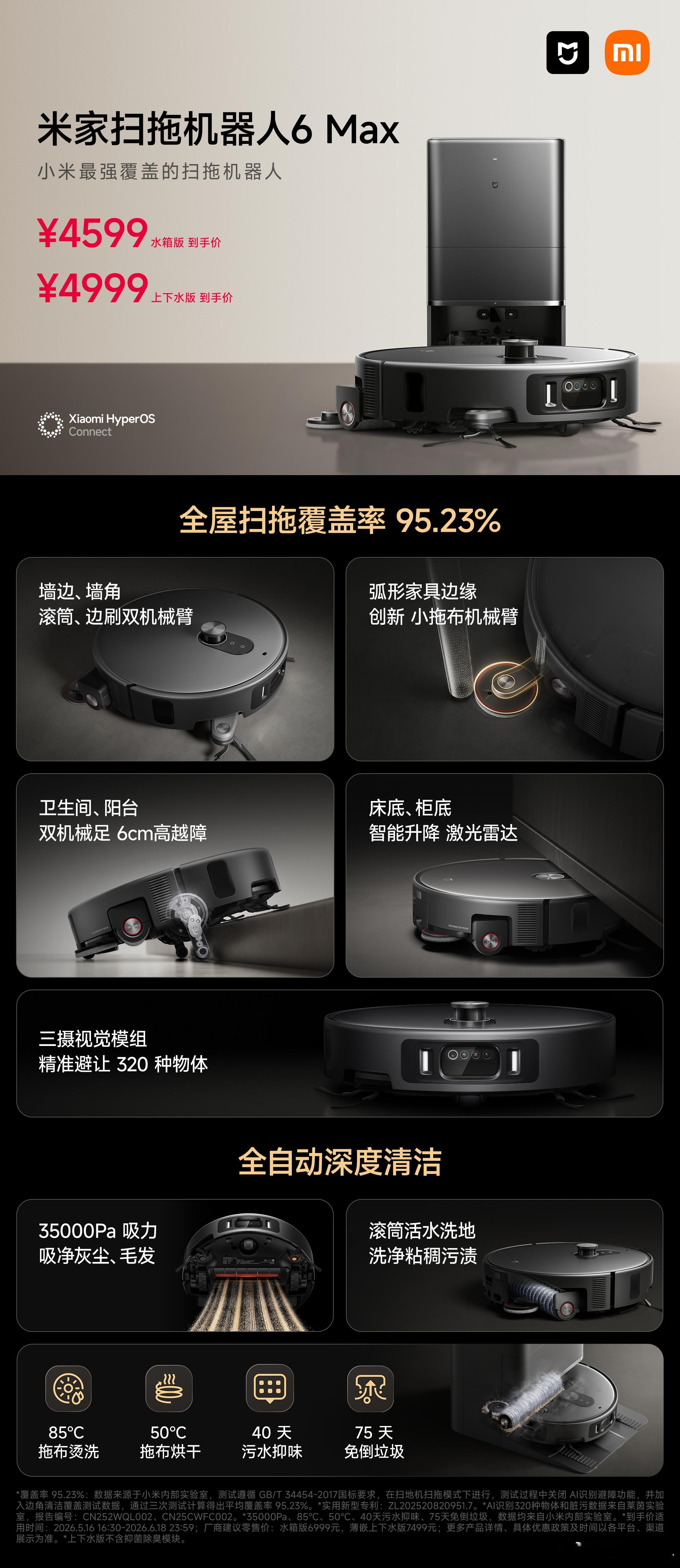 米家扫拖机器人6Max这玩意我已经体验了一个月，很顶的，打扫的也很干净，3500