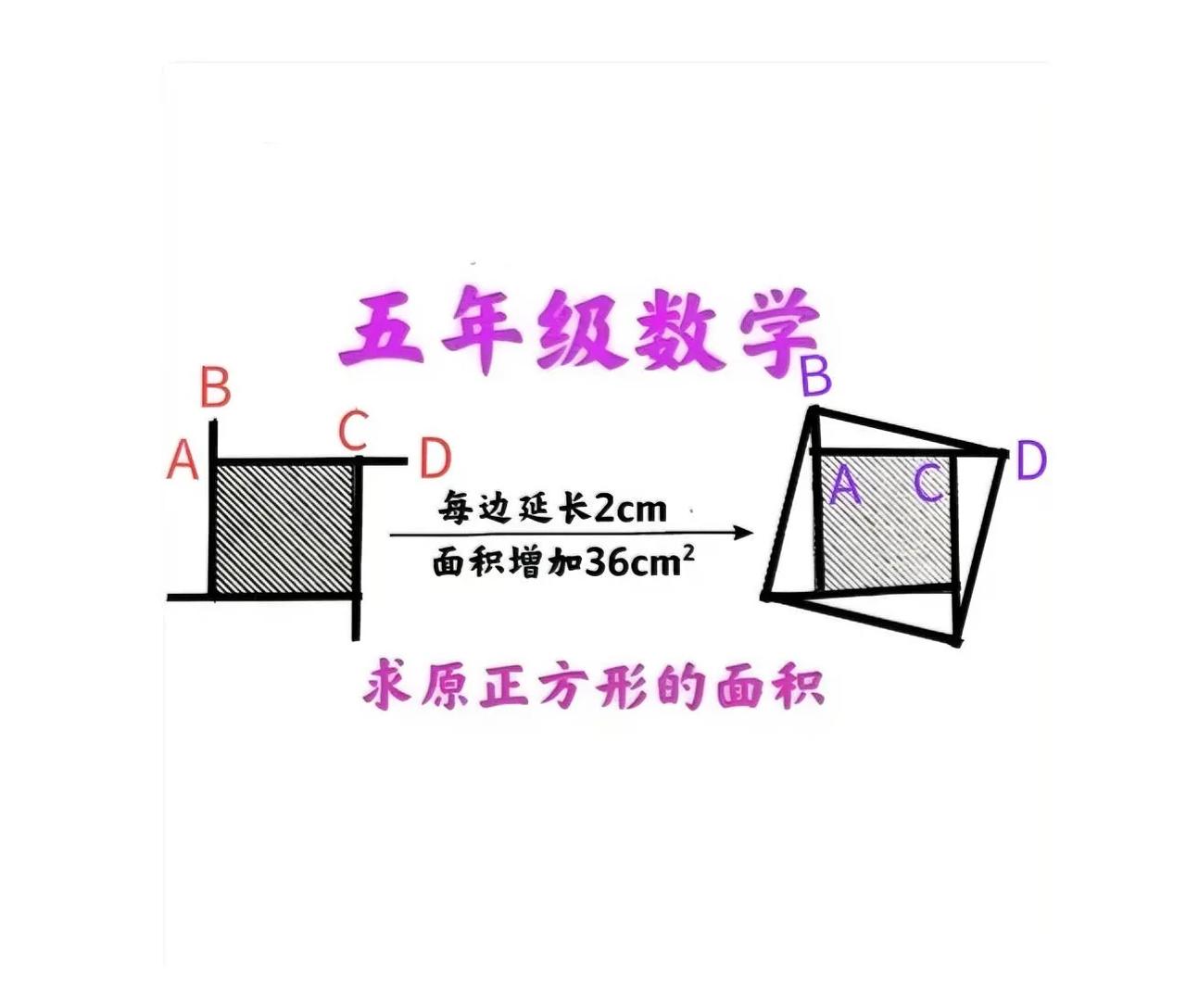 “难者不会，会者不难！”这是一道小学五年级数学题：

如图，将一个正方形的每边延