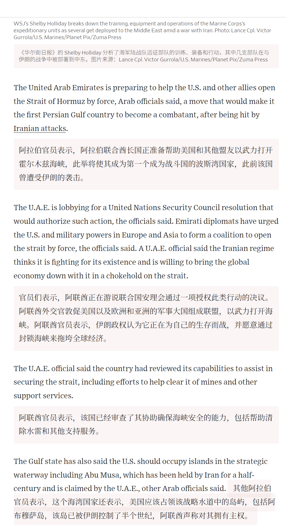 🔻WSJ：“阿联酋欲强行打开霍尔木兹海峡并愿意加入战斗，官员们表示，阿联酋正在