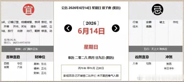 每日通胜：2026年6月14日黄历公历：2026年6月14日 星期日农历：二零二