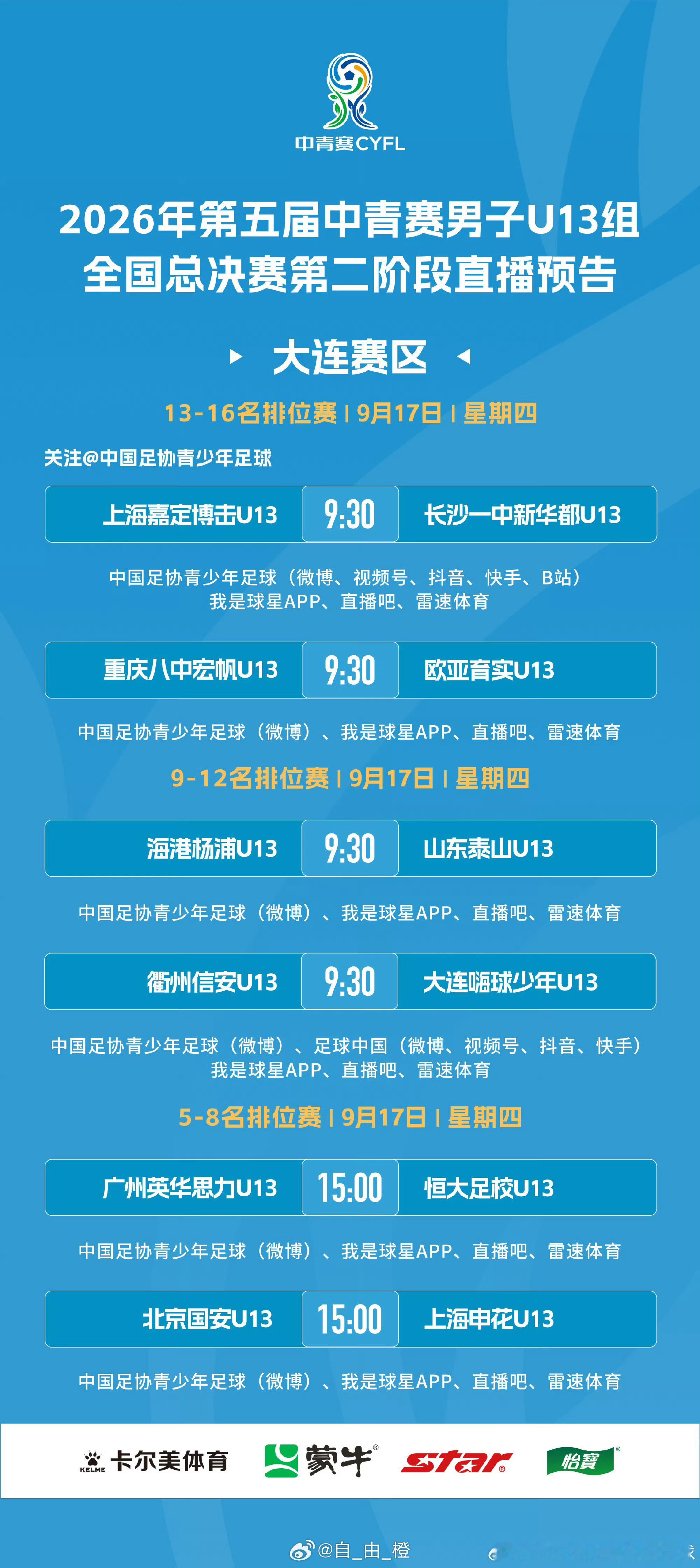 2026年第五届中青赛男子U13组全国16强赛，第5轮直播预告 ​​​