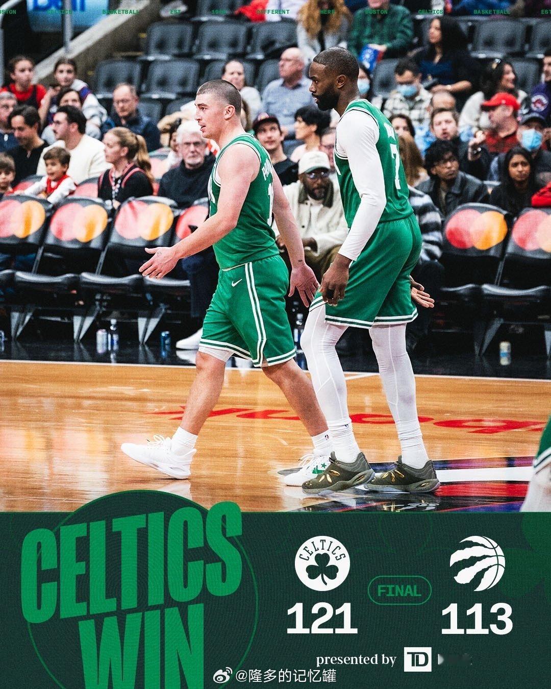 5连胜！凯尔特人121-113战胜猛龙🔥🔥🔥本场过后，凯尔特人以15胜9负