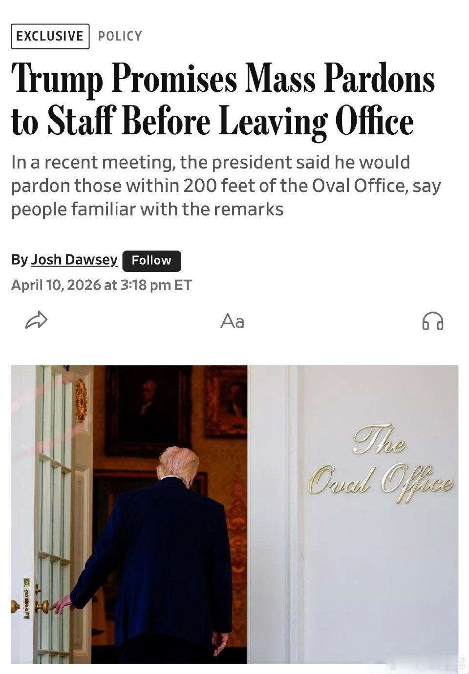 《华尔街日报》报道称：特朗普承诺在离任前为其幕僚进行大规模赦免。在一次近期会议中