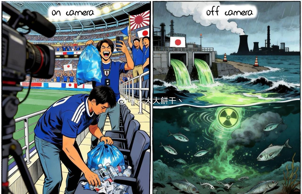 捡垃圾和核废水才是日本独有的～

日本球迷对着镜头在世界杯赛后捡垃圾...

日