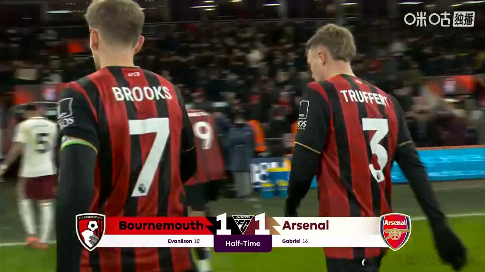 半场结束，伯恩茅斯暂1-1打平阿森纳大伙如何评价上半场比赛 伯恩茅斯vs阿森纳 